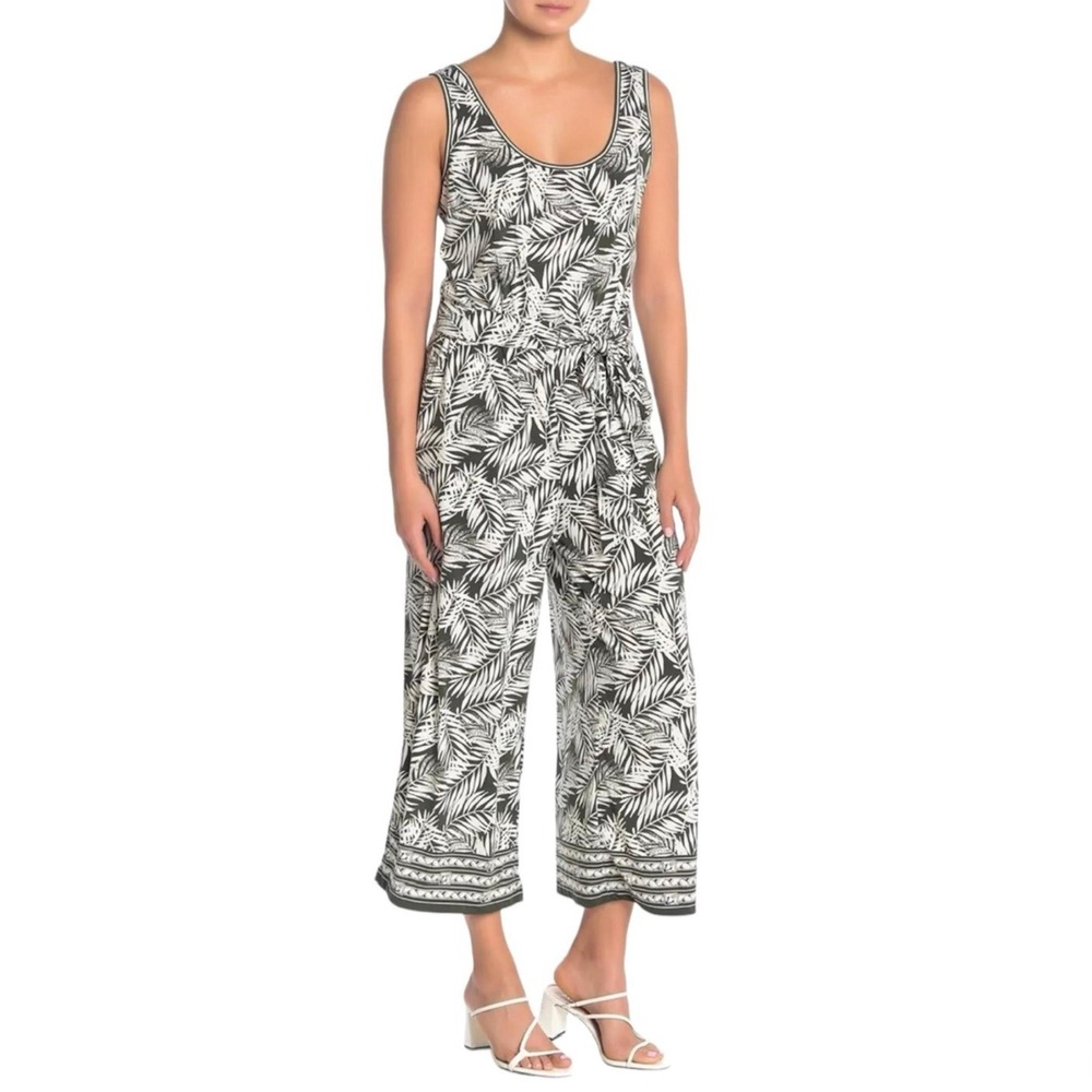 Max Studio Women Olive Green Floral Palm Wide Leg Crop Jumpsuit Medium
